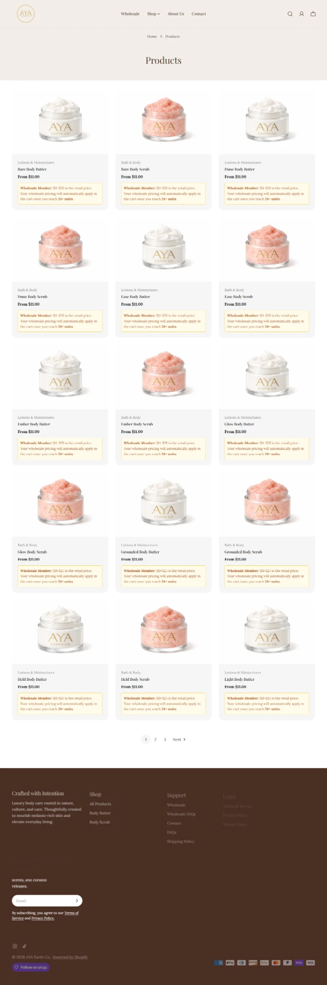 Collection page with wholesale eligibility notices on each card